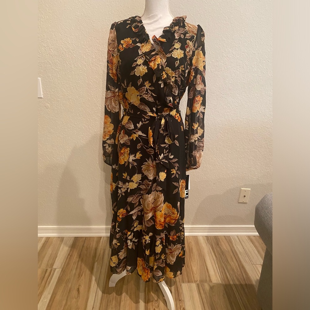 Leslie Fay Black and Orange Long Sleeve Dress - Picture 2 of 7